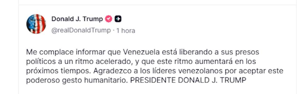 Donald Trump said that the Venezuelan regime accelerated the release of political prisoners
