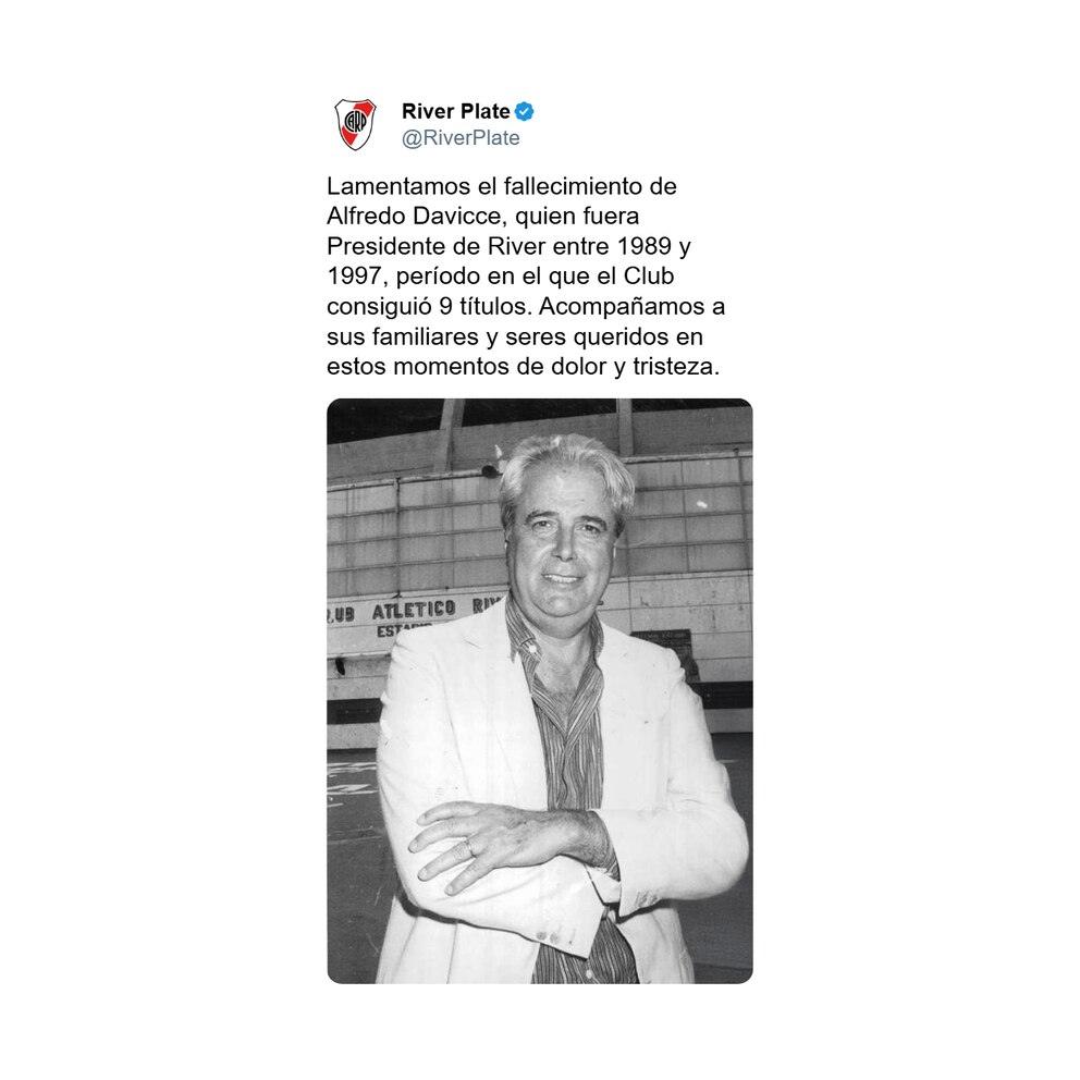 Alfredo Davicce, historic president of River Plate who won the 1996 CopaLibertadores during his successful management, died