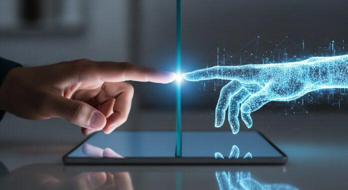 A human hand approaches a holographic digital hand on the screen of a smart device, symbolizing the connection and collaboration between humans and artificial intelligence in the modern technological era.(Illustrative Image Infobae)