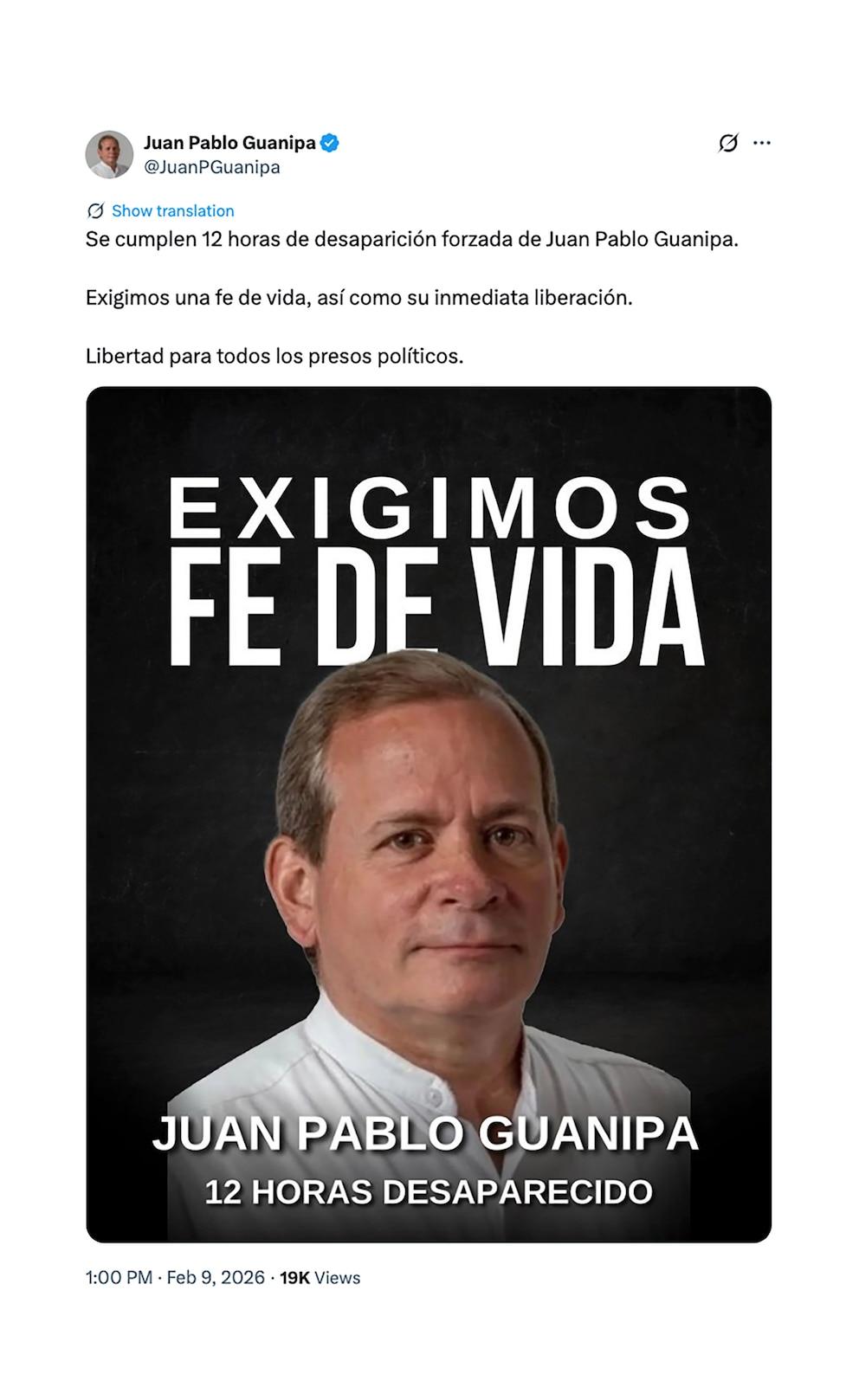 The family of Juan Pablo Guanipa demanded proof of life after his kidnapping by a Chavista armed group in Caracas