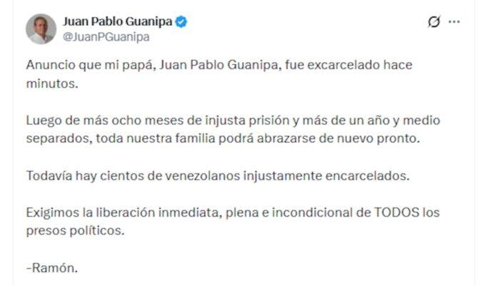 The message from the family of Juan Pablo Guanipa after his release in Caracas