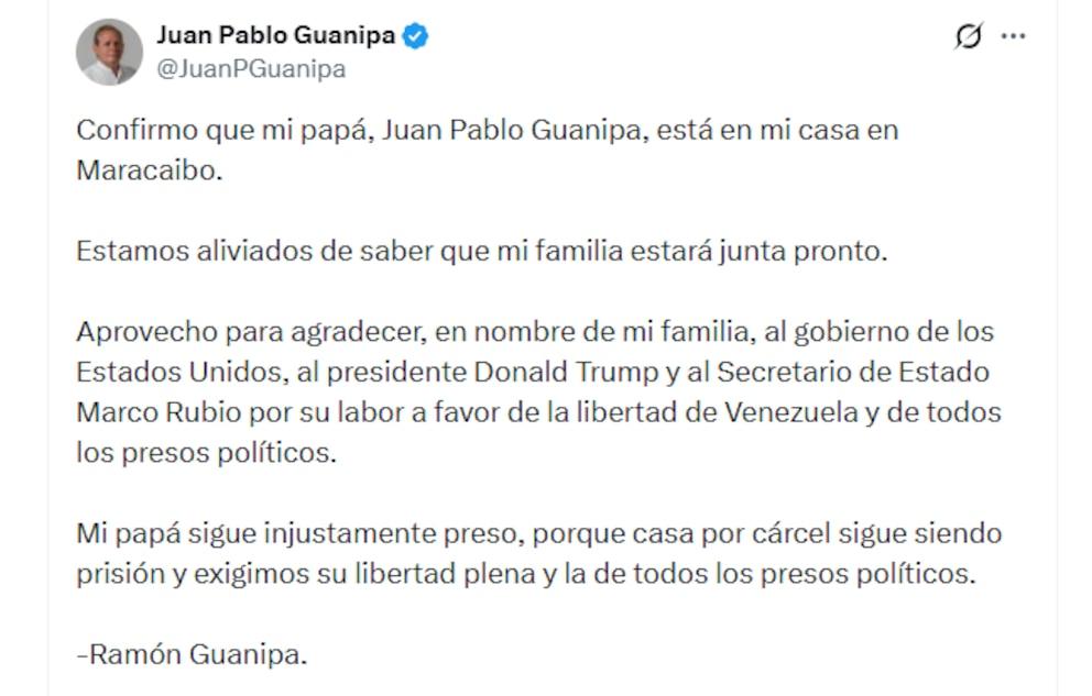 After more than 24 hours in forced disappearance, they released the first image of Juan Pablo Guanipa in house arrest