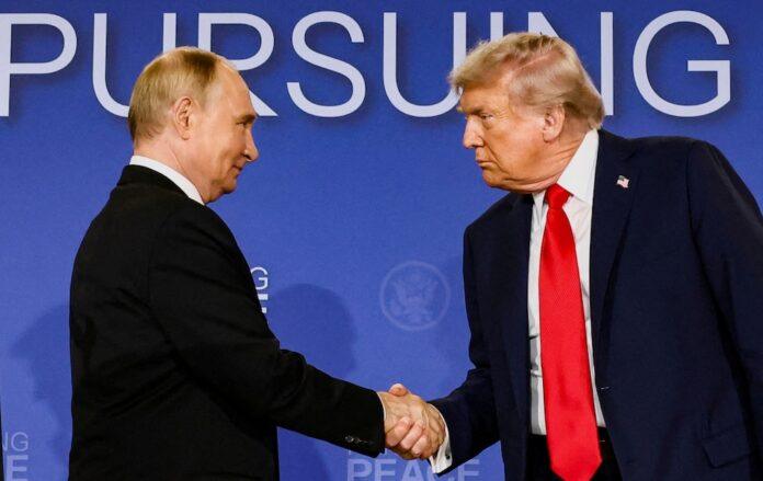 US President Donald Trump and Russian President Vladimir Putin shake hands during a press conference following their meeting to negotiate an end to the war in Ukraine, at Joint Base Elmendorf-Richardson, in Anchorage, Alaska, US.August 15, 2025. REUTERS/Kevin Lamarque/