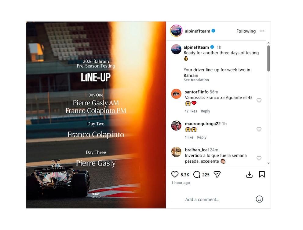 Alpine confirmed what Franco Colapinto and PierreGasly's schedule of activities will be like in the last week of Formula 1 preseason