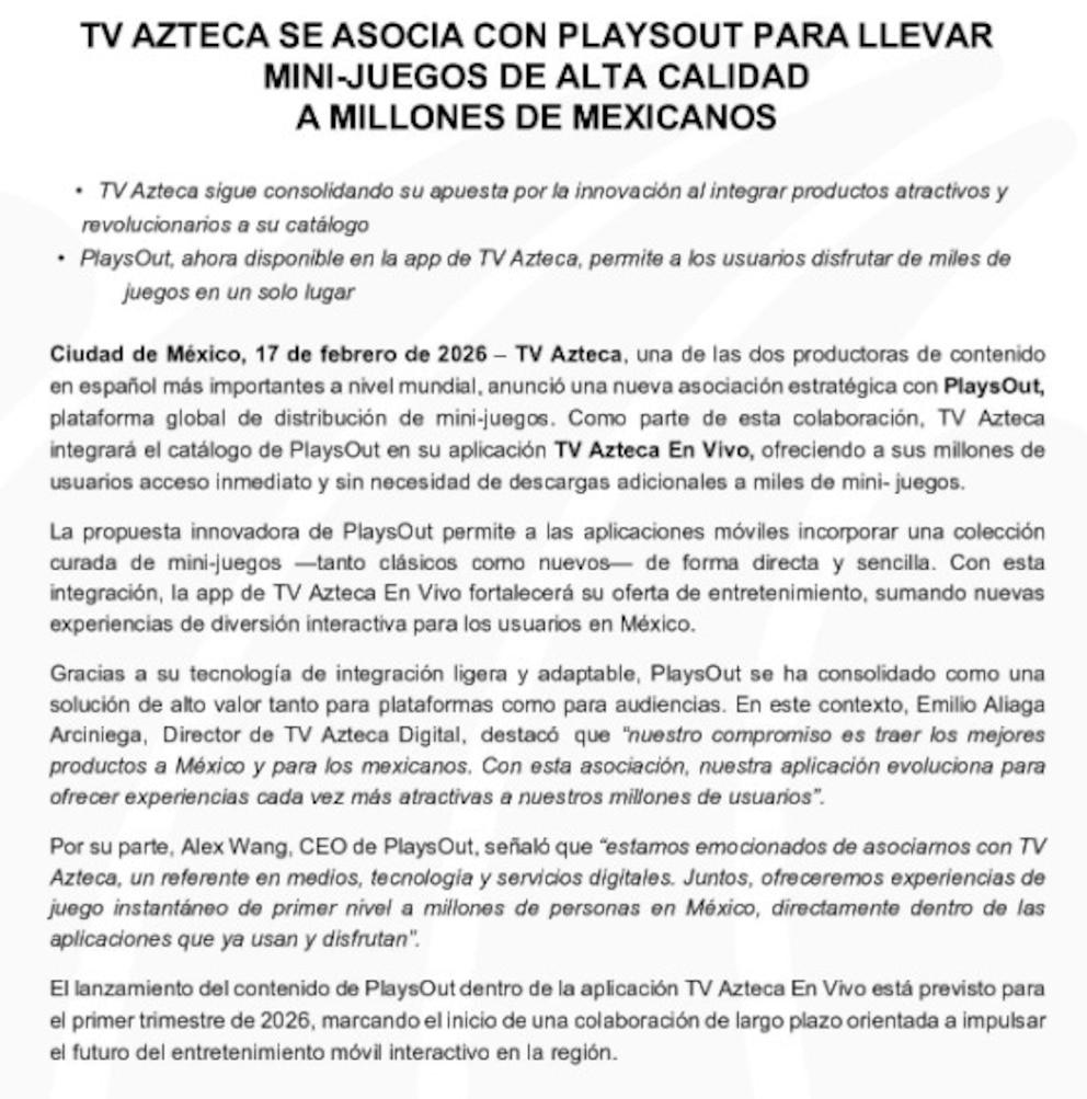 TV Azteca and PlaysOut join forces to bring mini-games to millions of Mexicans