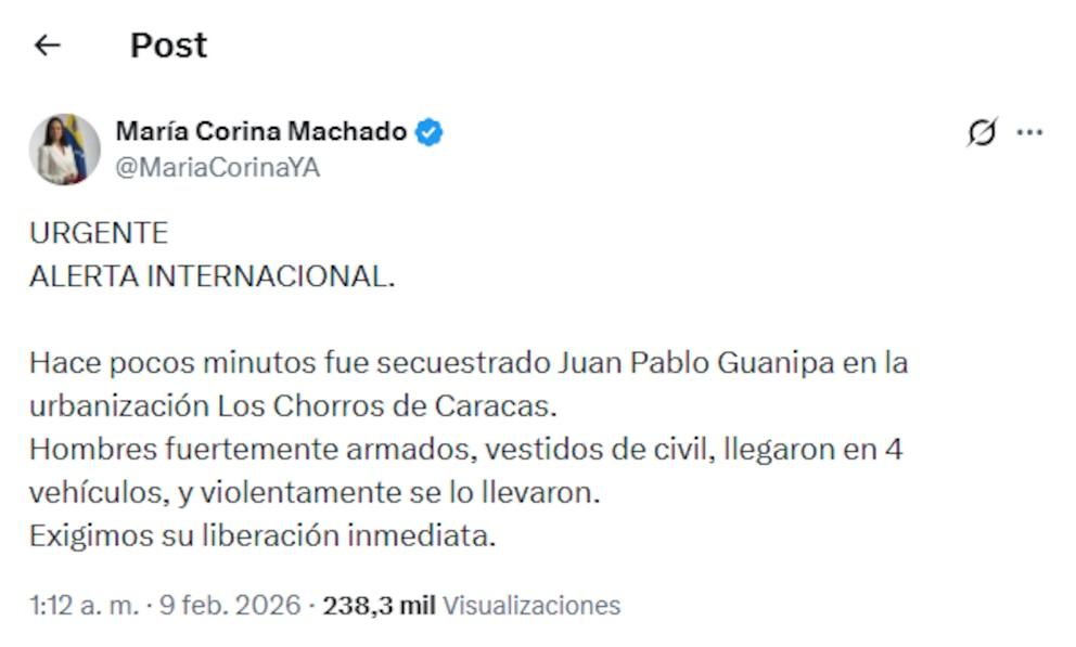 Hours after being released from prison by the Chavista regime, they reported the kidnapping of Venezuelan opposition leader Juan Pablo Guanipa