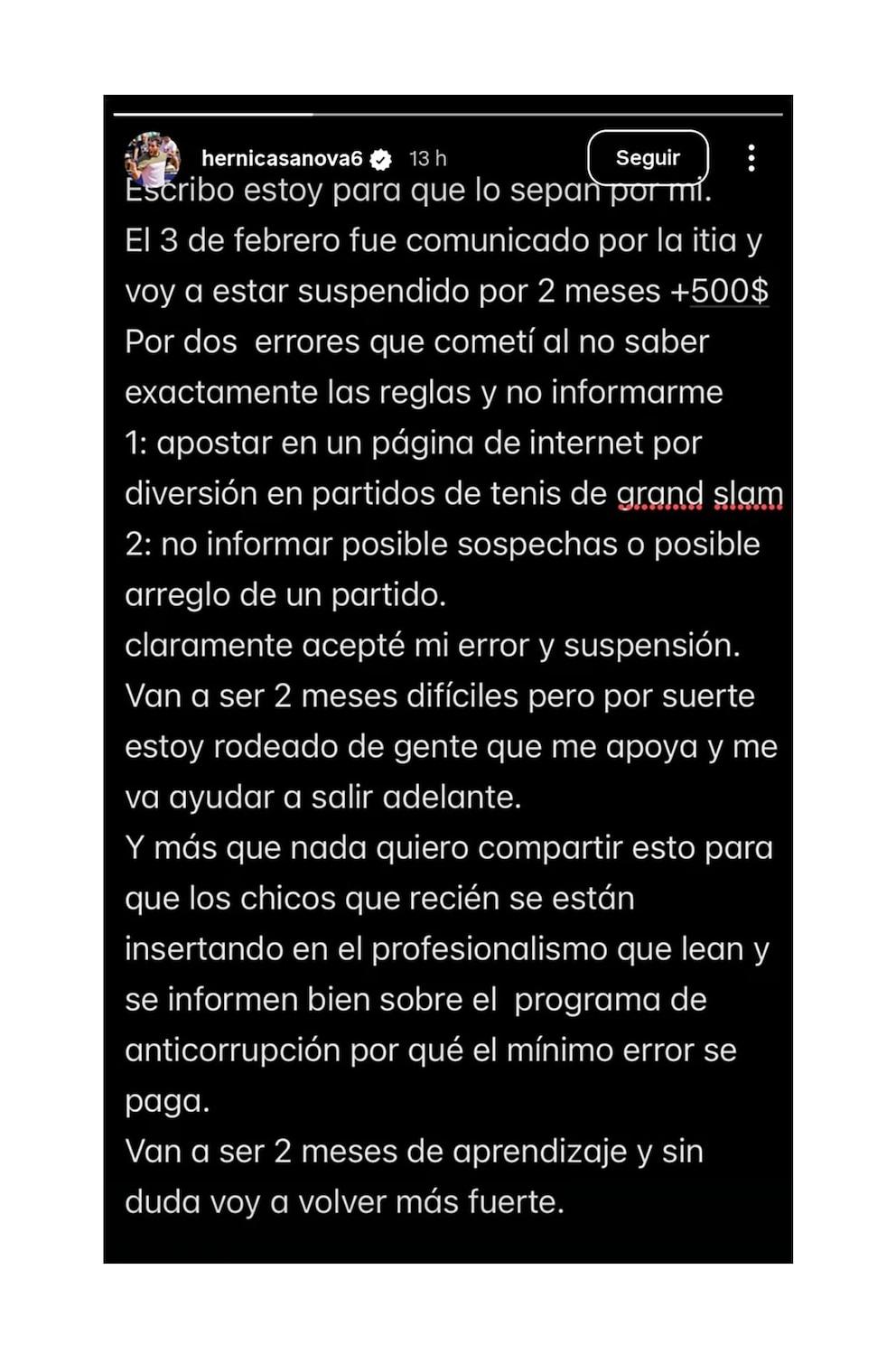 An Argentine tennis player was suspended for two months for betting and not reporting a bribery attempt