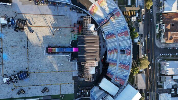 Aerial view of the Jorge Mágico González stadium in San Salvador, prepared for Shakira's concert residency (Photo courtesy of RFI).