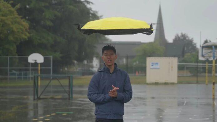 The flying umbrella uses a quadcopter drone to hover above the user's head.(John Xu / I Build Stuff)